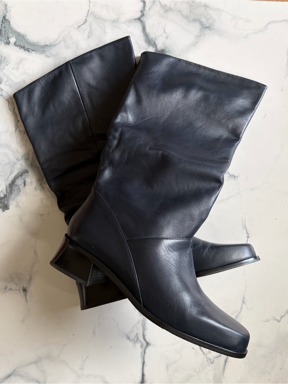 Markon Shelly Women's Blue Gray Leather Mid-Calf Pull-On Boots Square Toe US 9